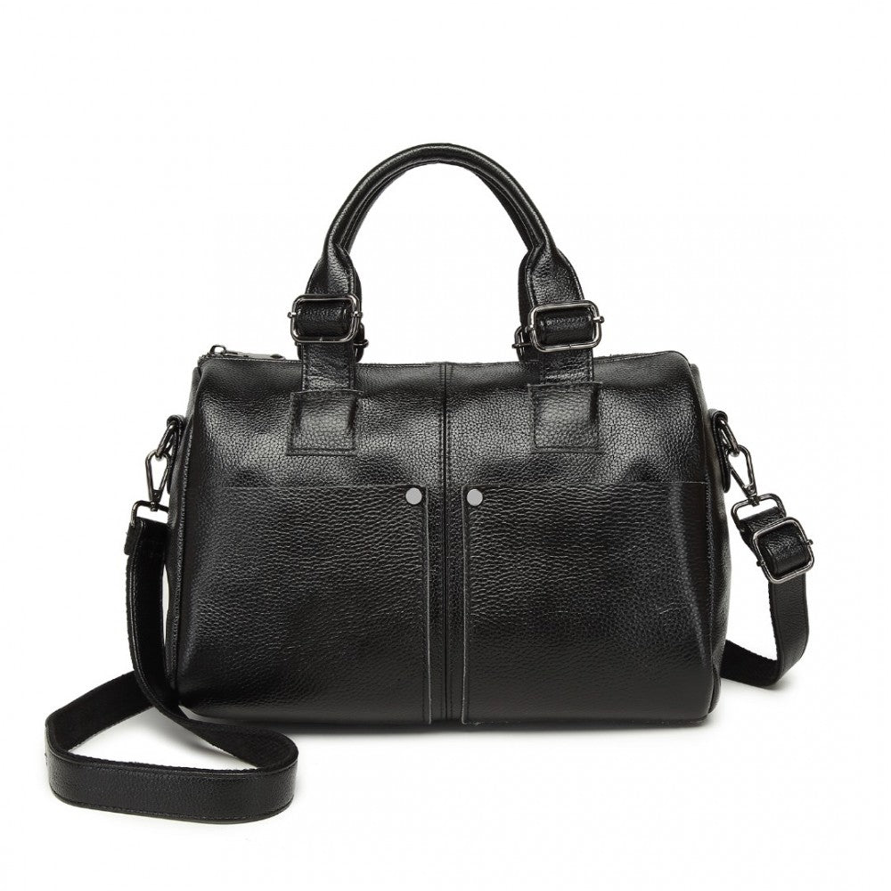 L2332 - MISS LULU PERFECT FUSION OF GENUINE AND PU LEATHER WOMEN'S TOTE CROSSBODY BAG - BLACK