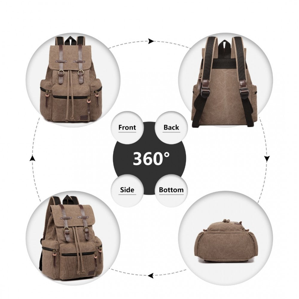 E1672 - KONO LARGE MULTI FUNCTION LEATHER DETAILS CANVAS BACKPACK - COFFEE