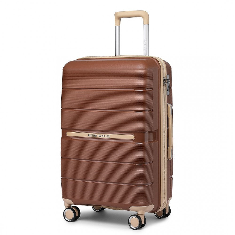 K2392L - BRITISH TRAVELLER 28 INCH MULTI-TEXTURE POLYPROPYLENE HARD SHELL SUITCASE WITH TSA LOCK - BROWN AND APRICOT