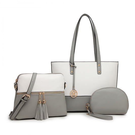 LG2023 - MISS LULU 3 PIECE LEATHER LOOK TOTE BAG SET - GREY AND WHITE