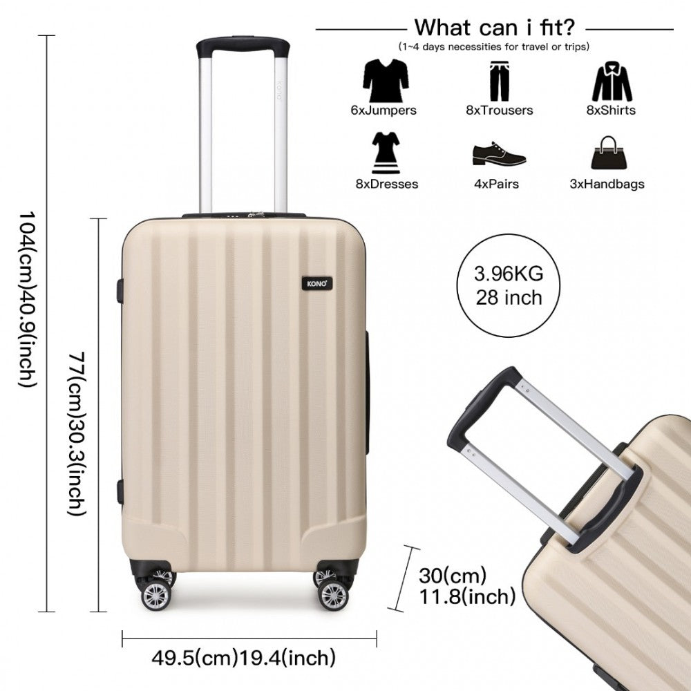 K1773-1L - KONO 28 INCH STRIPED ABS HARD SHELL LUGGAGE WITH 360-DEGREE SPINNER WHEELS - BEIGE