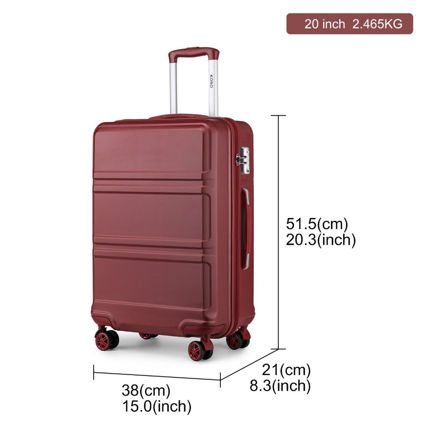 K1871-1L - KONO ABS 20 INCH SCULPTED HORIZONTAL DESIGN CABIN LUGGAGE - BURGUNDY - The Baggage Shop