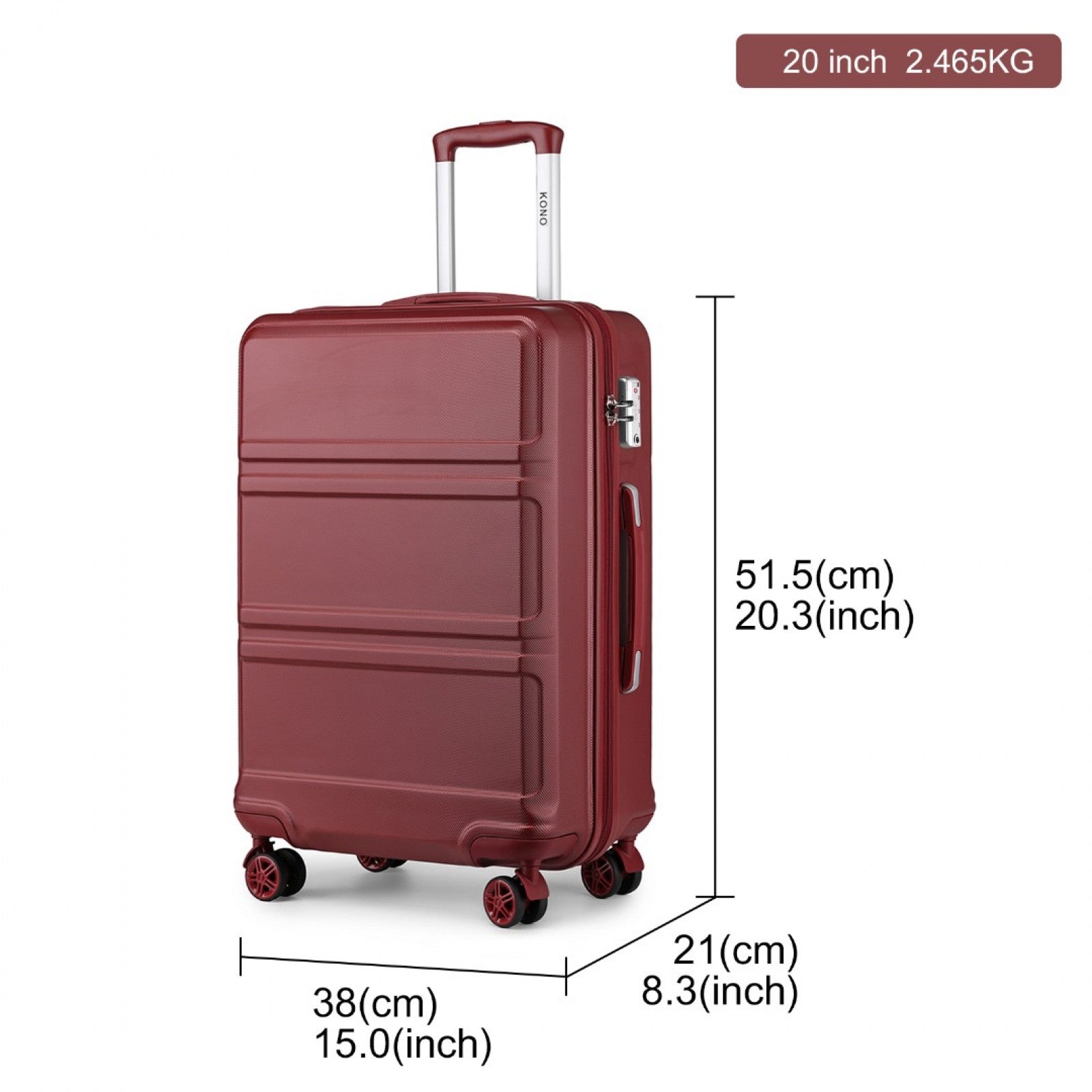 K1871-1L - KONO ABS 20 INCH SCULPTED HORIZONTAL DESIGN CABIN LUGGAGE - BURGUNDY - The Baggage Shop
