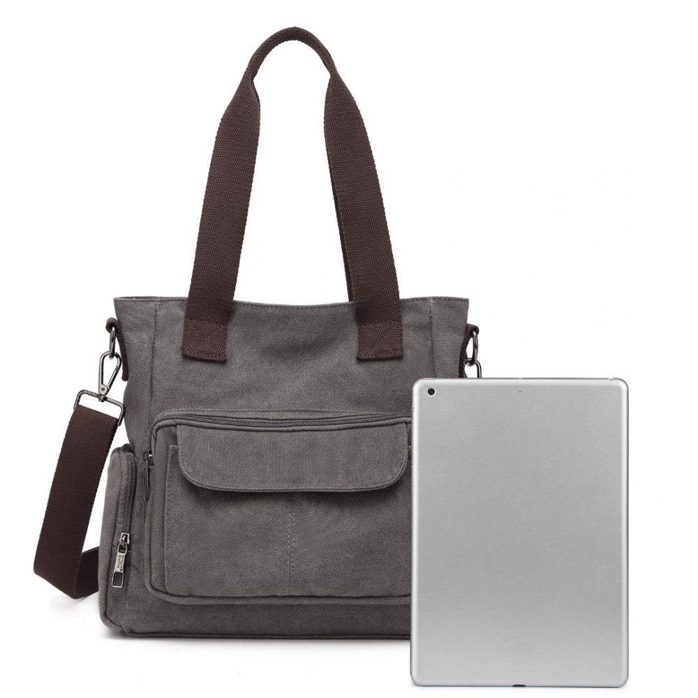 EB2125 - KONO LARGE CAPACITY MULTI COMPARTMENT CANVAS CROSSBODY TOTE BAG - GREY