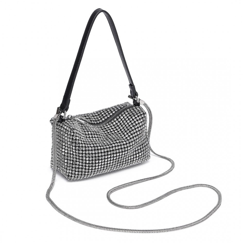 LH2407 - MISS LULU LUXURIOUS RHINESTONE CRYSTAL EVENING HANDBAG - SILVER