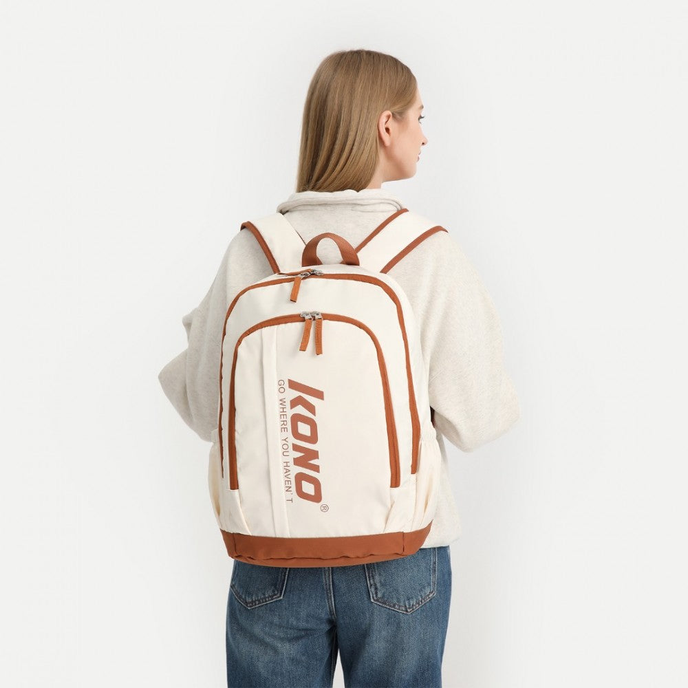 EB2325 - KONO CONTRASTING COLORS WATERPROOF CASUAL BACKPACK WITH LAPTOP COMPARTMENT - BEIGE