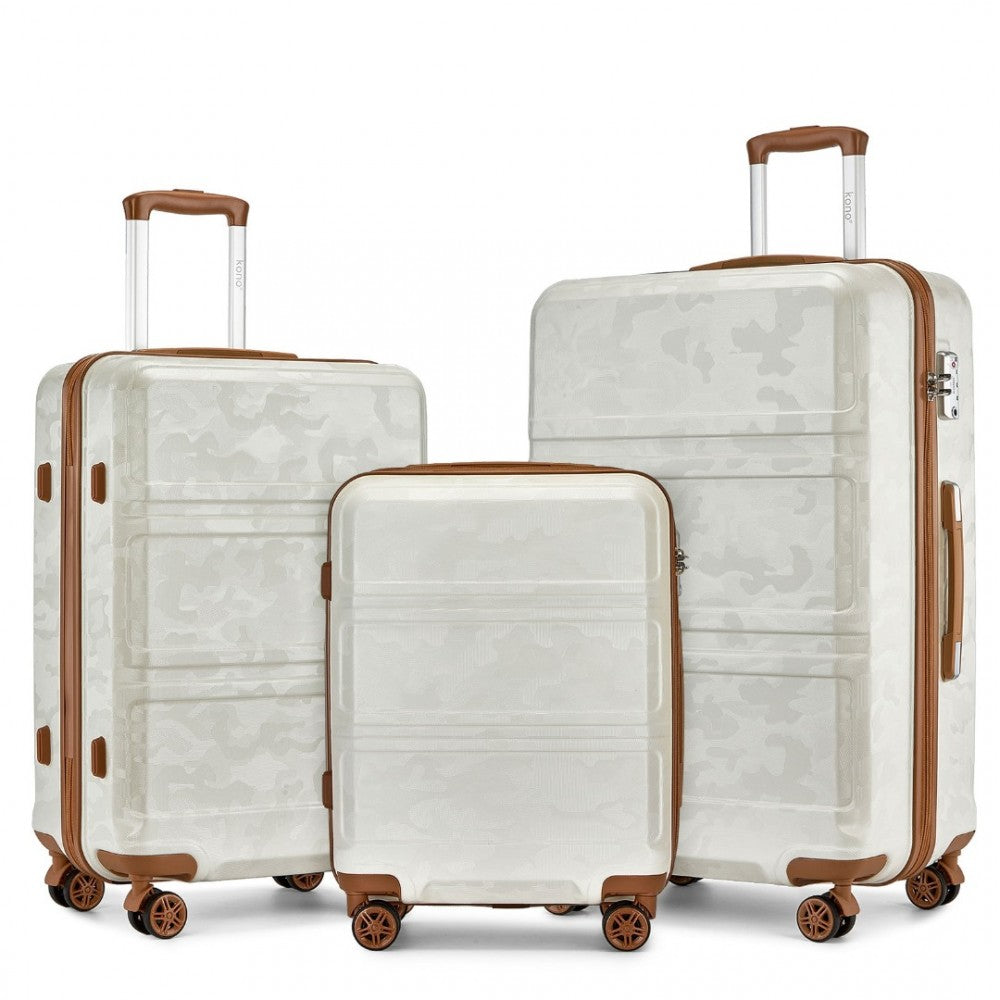 K1871-1L - KONO ABS SCULPTED HORIZONTAL DESIGN 3 PIECE SUITCASE SET - CAMOUFLAGE CREAM AND BROWN