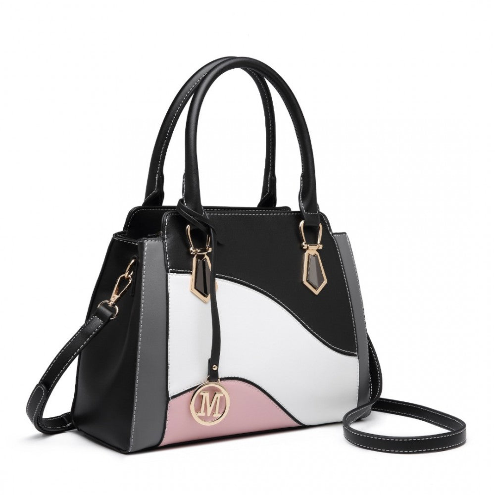 LG2254 - MISS LULU PRETTY COLOUR COMBINATION LEATHER HANDBAG TOTE BAG - BLACK