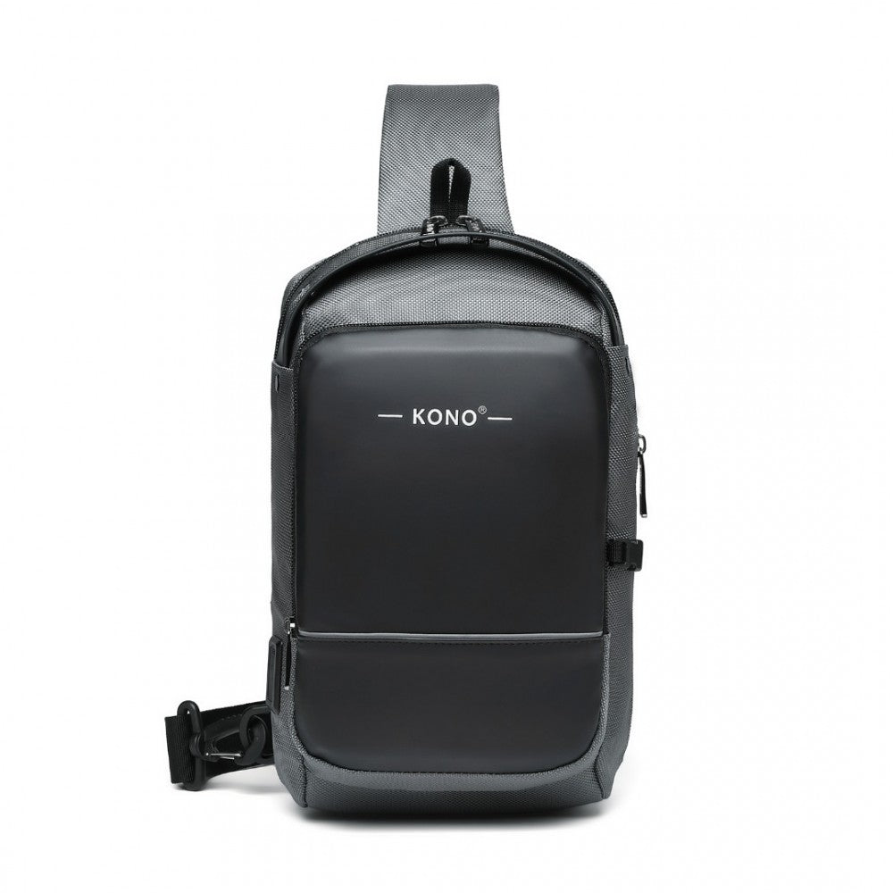 EG2403 - KONO SMART SLING CHEST BAG WITH USB CHARGING PORT LIGHTWEIGHT SINGLE STRAP CROSSBODY BACKPACK FOR DAILY USE IDEAL FOR MEN AND WOMEN - GREY AND BLACK