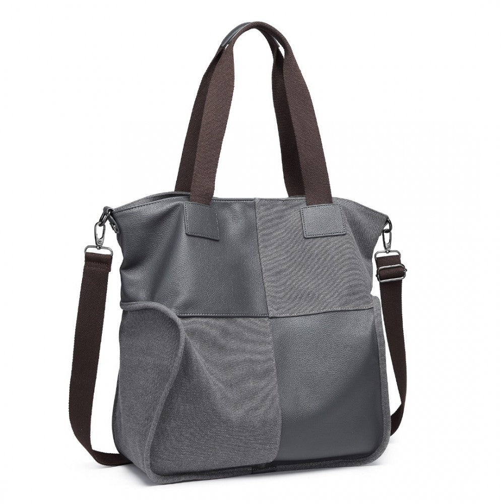 EH2221 - KONO PANELED CONTRAST LARGE CAPACITY CANVAS SHOULDER BAG - GREY