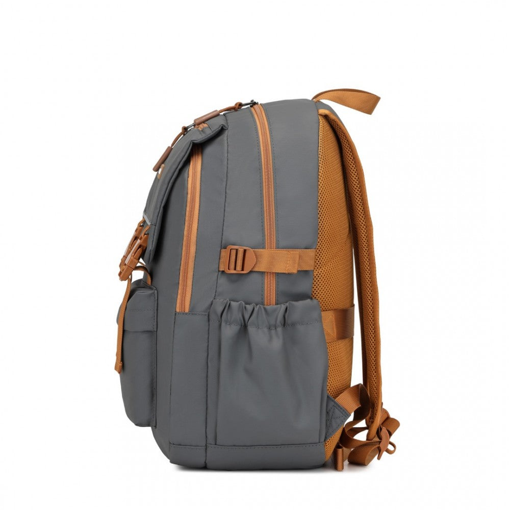 EQ2416 - KONO PVC COATED URBAN WATER-RESISTANT BACKPACK WITH REFLECTIVE SAFETY STRAPS AND MULTI-COMPARTMENT DESIGN - GREY AND BROWN