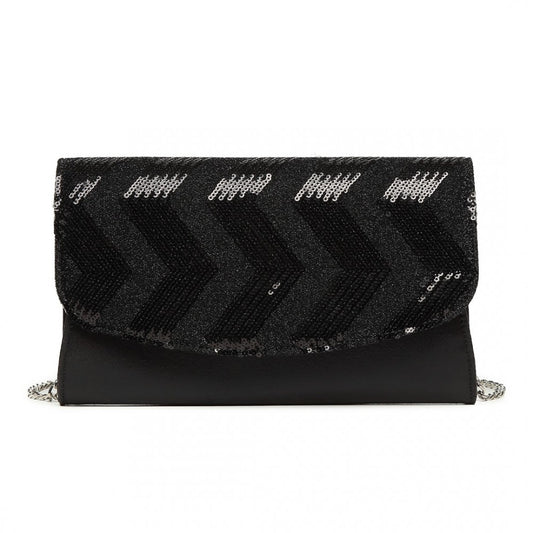 LP2311 - MISS LULU GORGEOUS SEQUINS EVENING CLUTCH BAG CHAIN SHOULDER BAG - BLACK