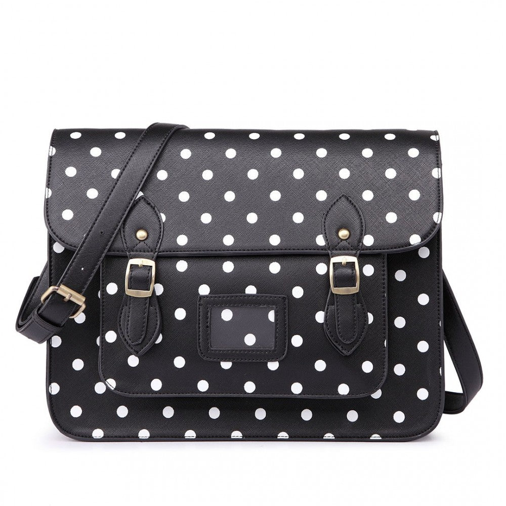 LT1665D2 - MISS LULU POLKA DOT LEATHER LOOK SCHOOL WORK SATCHEL BLACK