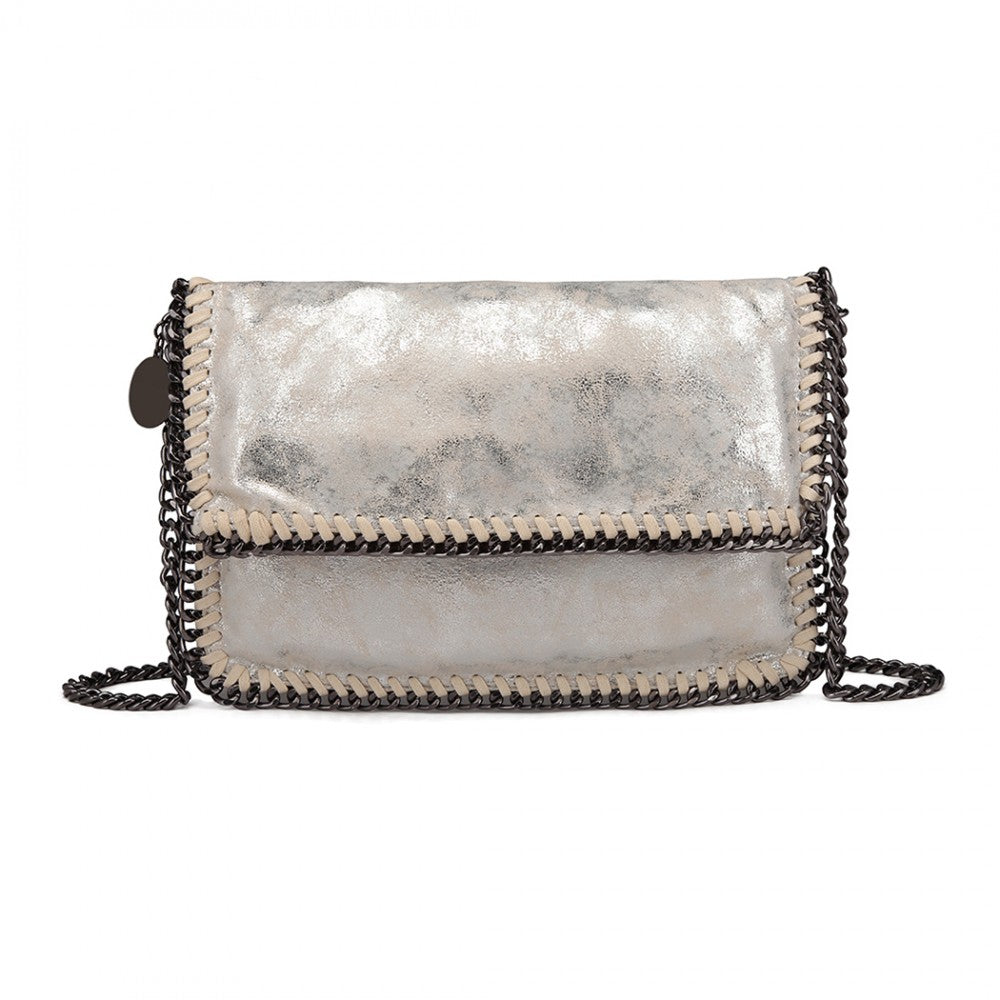 E6843 - MISS LULU LEATHER LOOK FOLDED METAL CHAIN CLUTCH SHOULDER BAG - SILVER