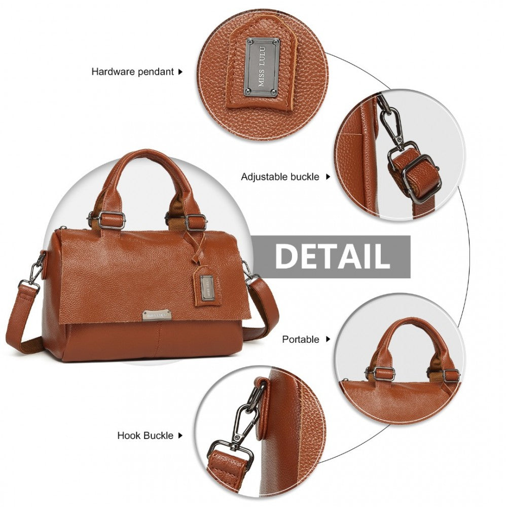 L2332 - MISS LULU PERFECT FUSION OF GENUINE AND PU LEATHER WOMEN'S TOTE CROSSBODY BAG - BROWN