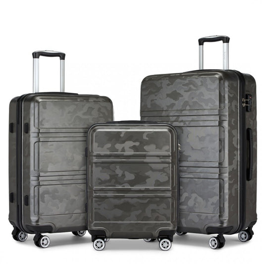 K1871-1L - KONO ABS SCULPTED HORIZONTAL DESIGN 3 PIECE SUITCASE SET - CAMOUFLAGE GREY AND BLACK