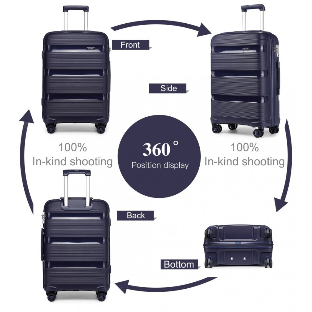 K2092L - KONO BRIGHT HARD SHELL PP SUITCASE WITH TSA LOCK AND VANITY CASE 4 PIECES SET - CLASSIC COLLECTION - NAVY