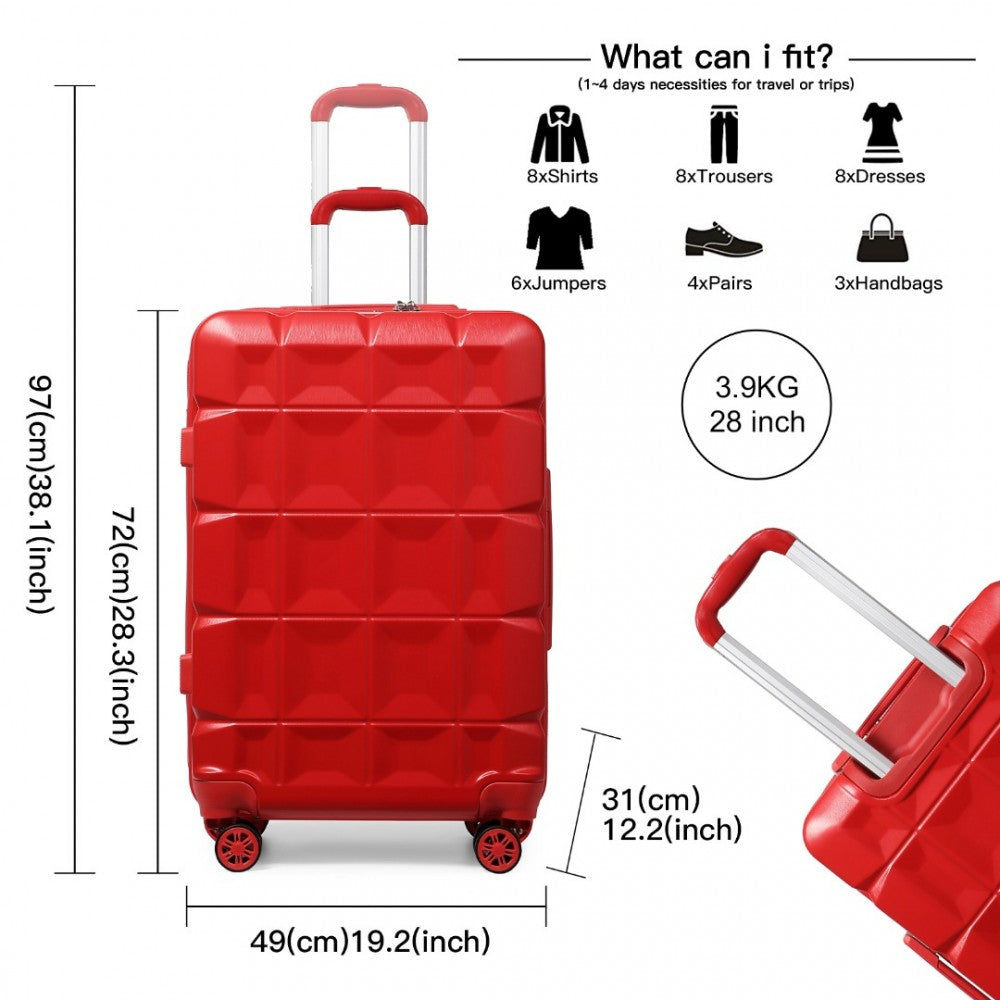 K2292L - KONO 28 INCH LIGHTWEIGHT HARD SHELL ABS SUITCASE WITH TSA LOCK - RED