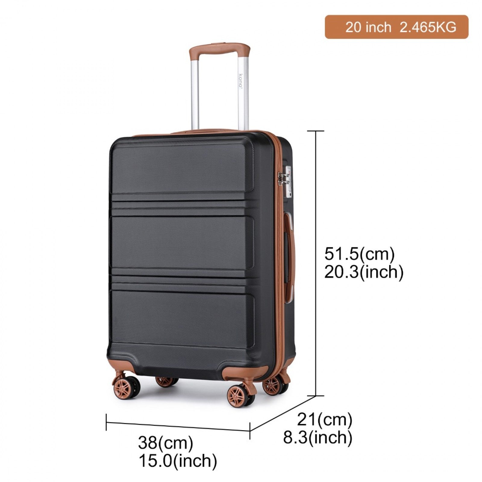 K1871-1L - KONO ABS 20 INCH SCULPTED HORIZONTAL DESIGN CABIN LUGGAGE - BLACK AND BROWN - The Baggage Shop