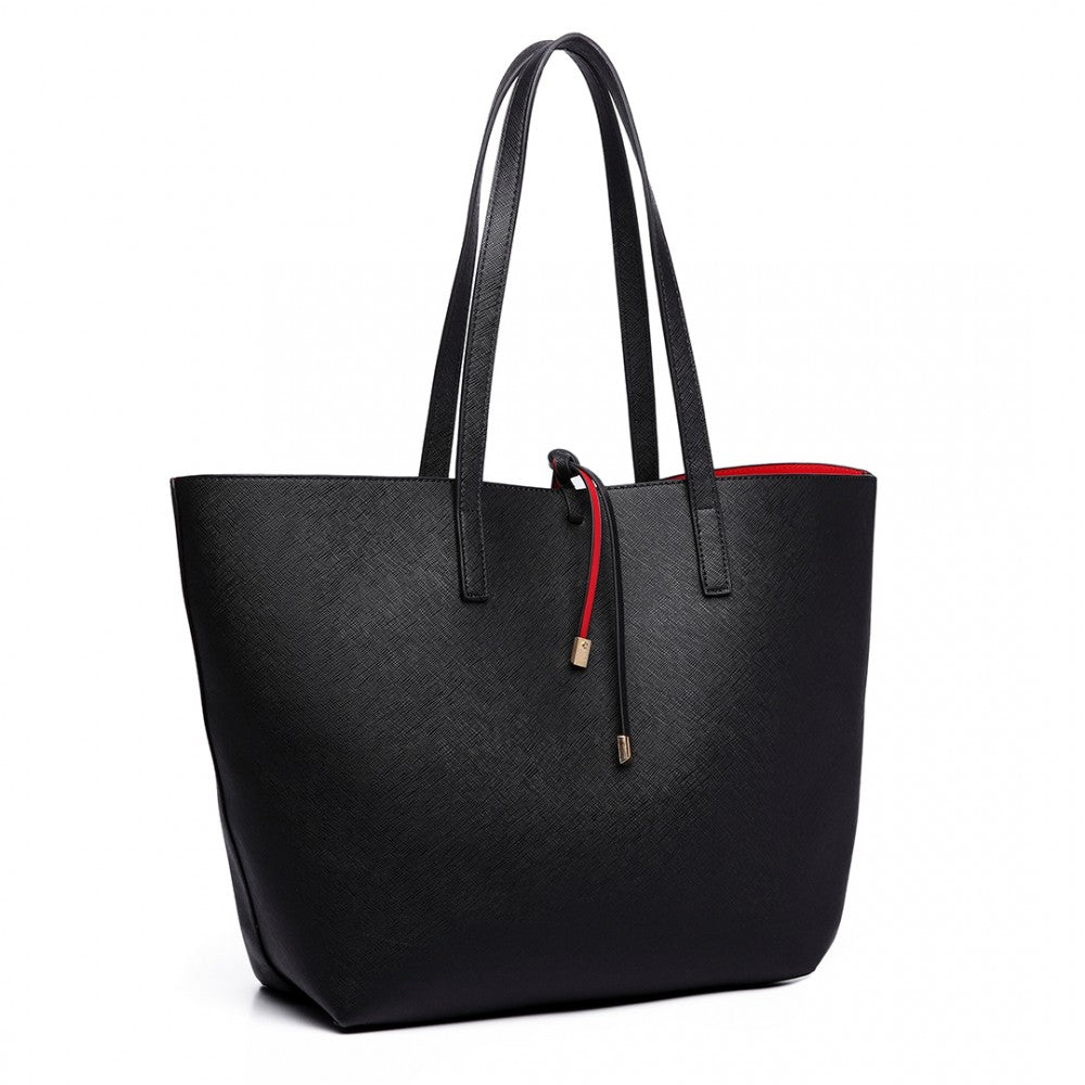 LT6628 - MISS LULU WOMEN REVERSIBLE CONTRAST SHOPPER TOTE BAG BLACK