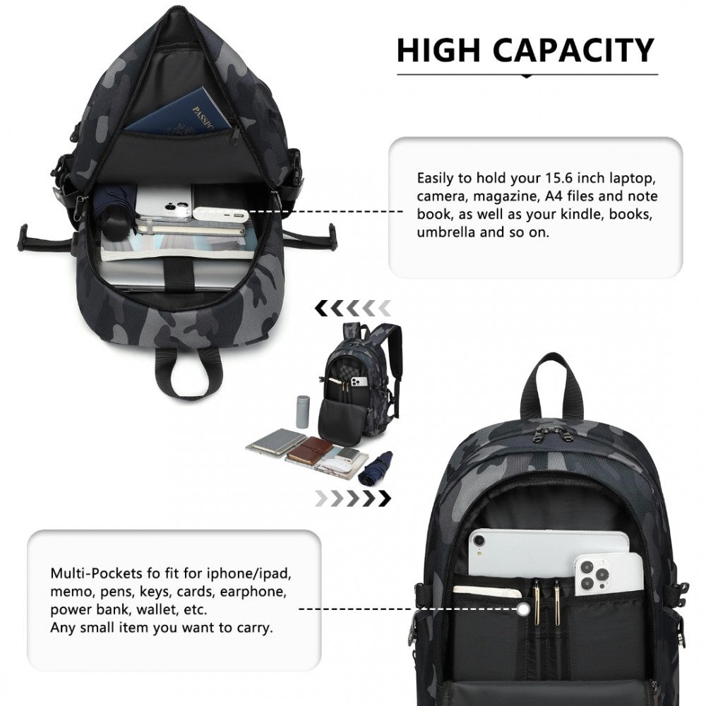 E6715 - KONO BUSINESS LAPTOP BACKPACK WITH USB CHARGING PORT - CAMO