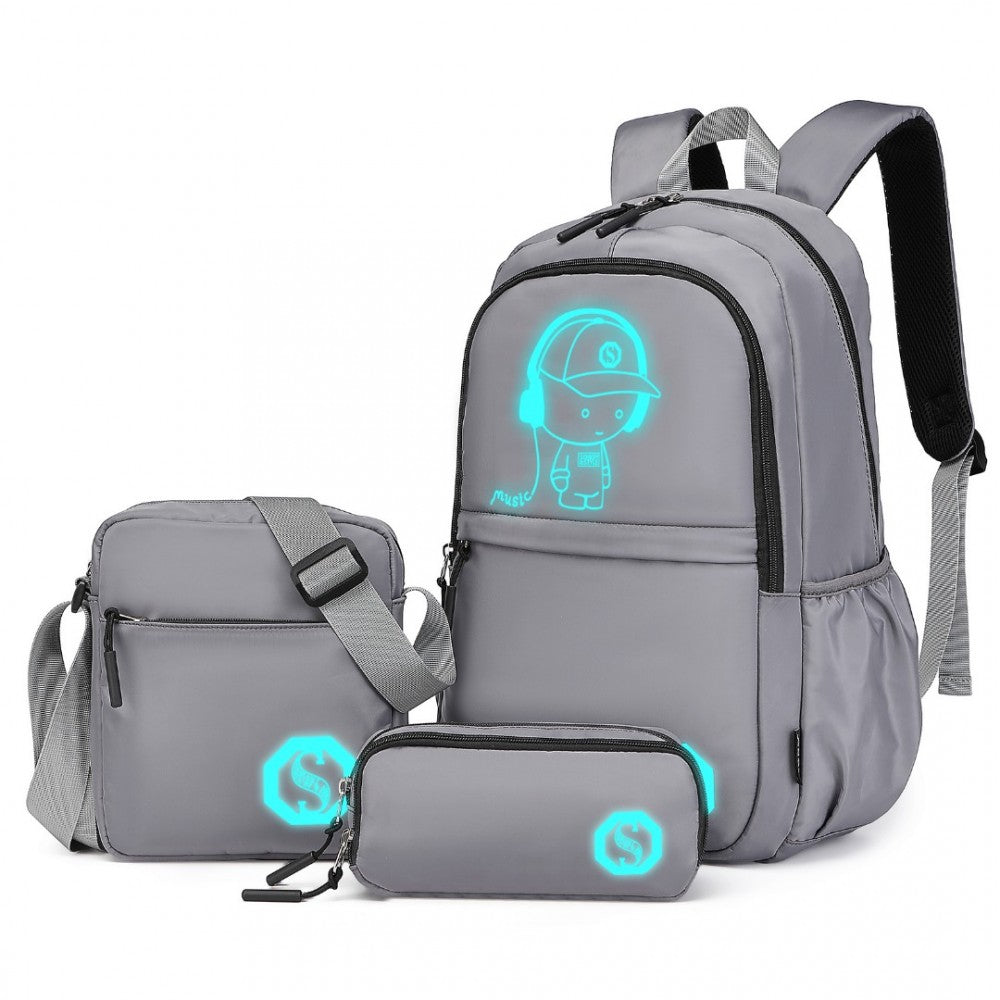 EB2363 - KONO LIGHTWEIGHT & GLOW-IN-THE-DARK 3-PIECE LAPTOP BACKPACK SET WITH CROSSBODY BAG AND PENCIL CASE - GREY