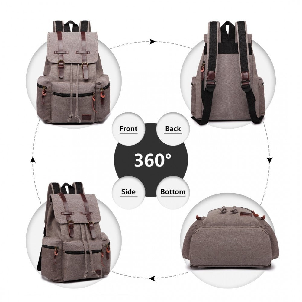 E1672 - KONO LARGE MULTI FUNCTION LEATHER DETAILS CANVAS BACKPACK - GREY