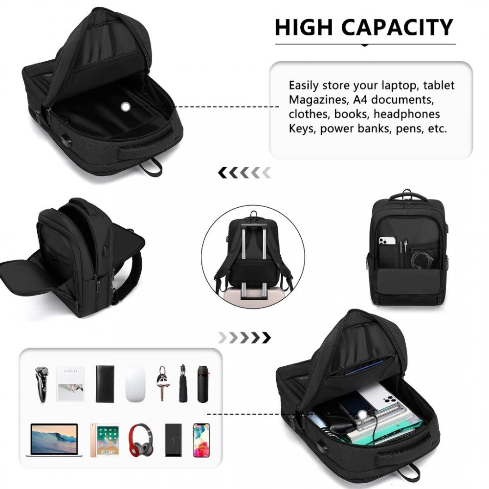 EM2111 - KONO MULTI-COMPARTMENT BACKPACK WITH USB PORT - BLACK