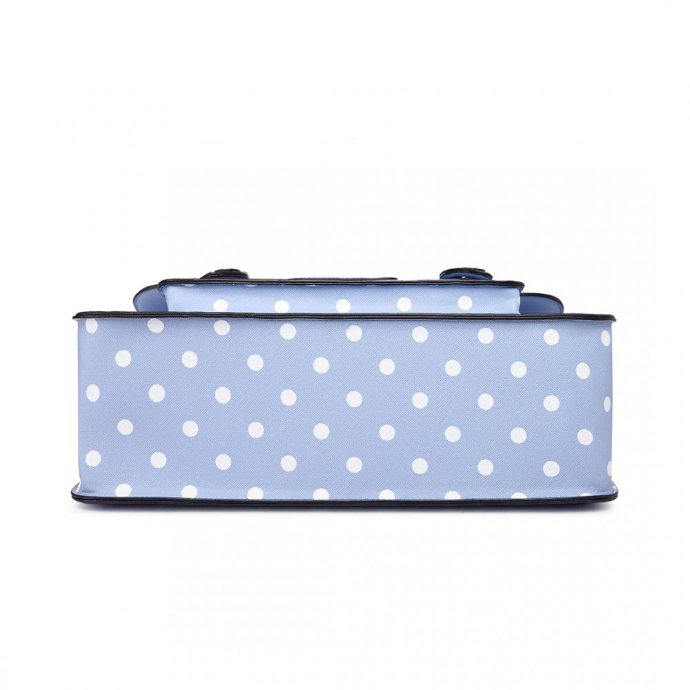 LT1665D2 - MISS LULU POLKA DOT LEATHER LOOK SCHOOL WORK SATCHEL LIGHT BLUE