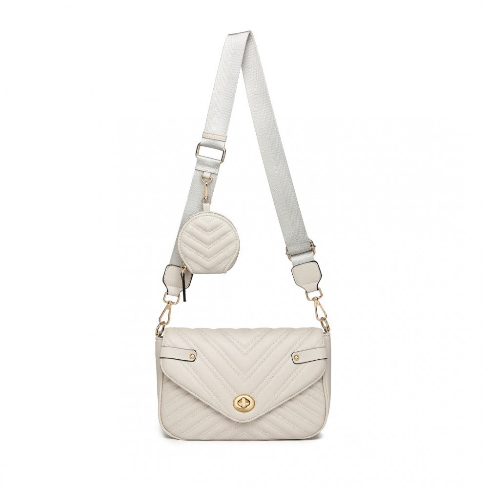 LB2138 - MISS LULU V-QUILTED FLAP LEATHER SHOULDER BAG - GREY