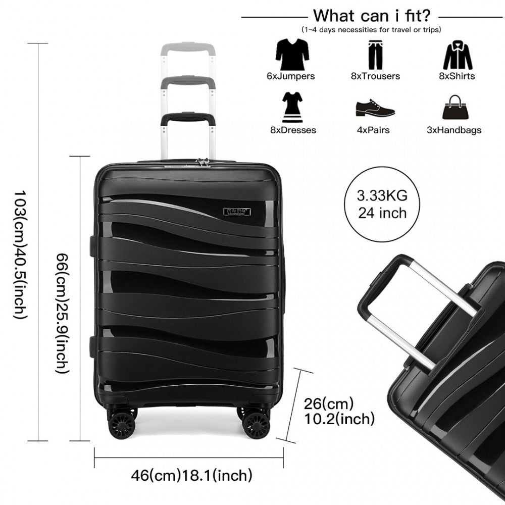 K2094L - KONO 24 INCH LIGHTWEIGHT POLYPROPYLENE HARD SHELL SUITCASE WITH TSA LOCK - BLACK