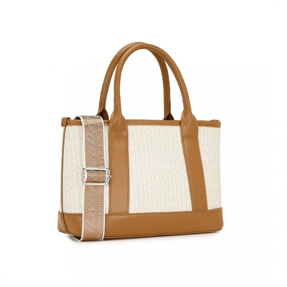 HBM2422 - MISS LULU ELEGANT PVC LEATHER TOTE BAG WITH MONOGRAM PATTERN CONVERTIBLE SHOULDER STRAP TOP HANDLE WOMEN'S HANDBAG - BEIGE