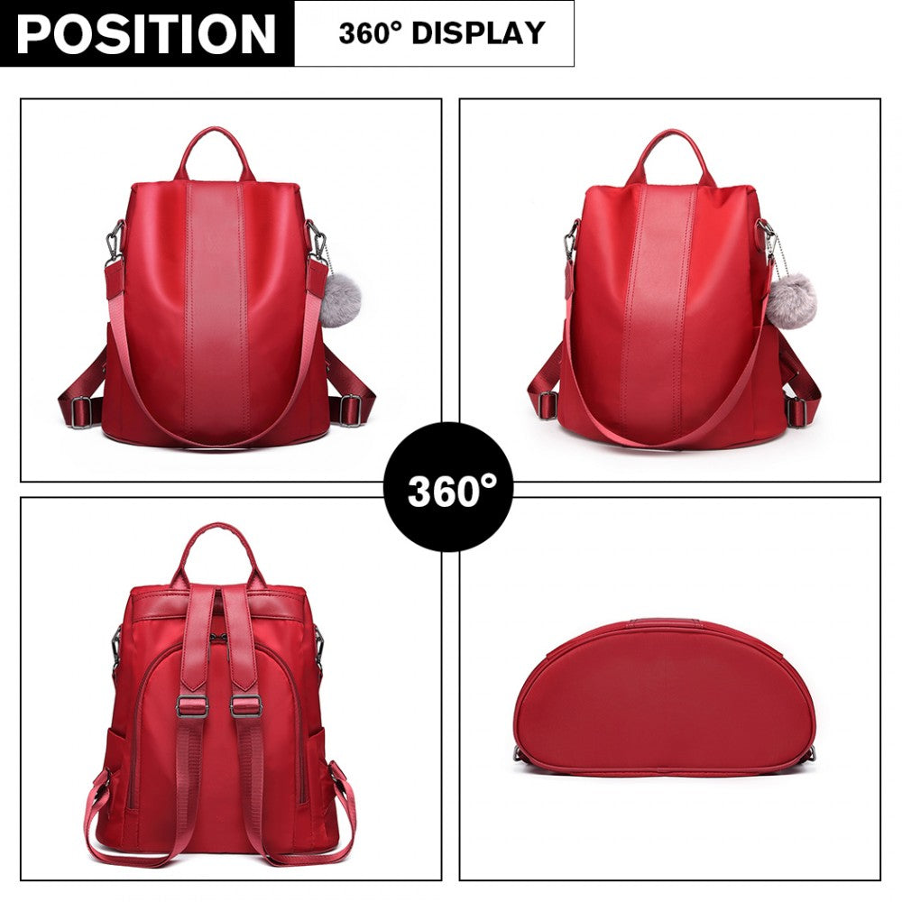 LG1903 - MISS LULU TWO WAY BACKPACK SHOULDER BAG WITH POM POM PENDANT - RED