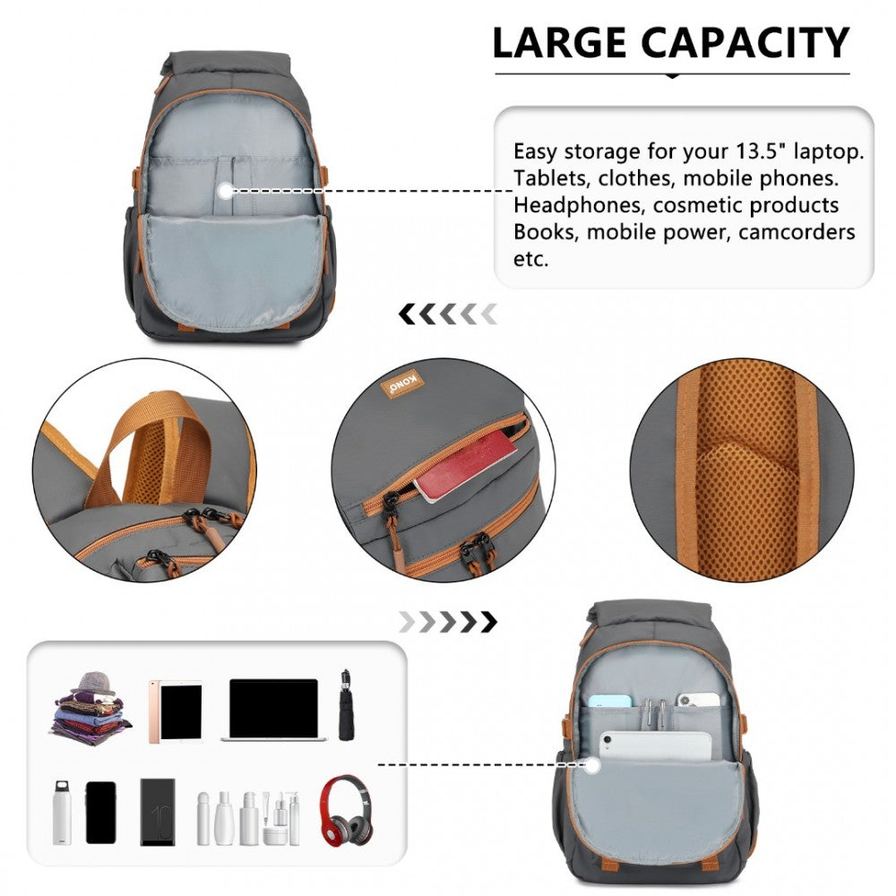 EQ2416 - KONO PVC COATED URBAN WATER-RESISTANT BACKPACK WITH REFLECTIVE SAFETY STRAPS AND MULTI-COMPARTMENT DESIGN - GREY AND BROWN