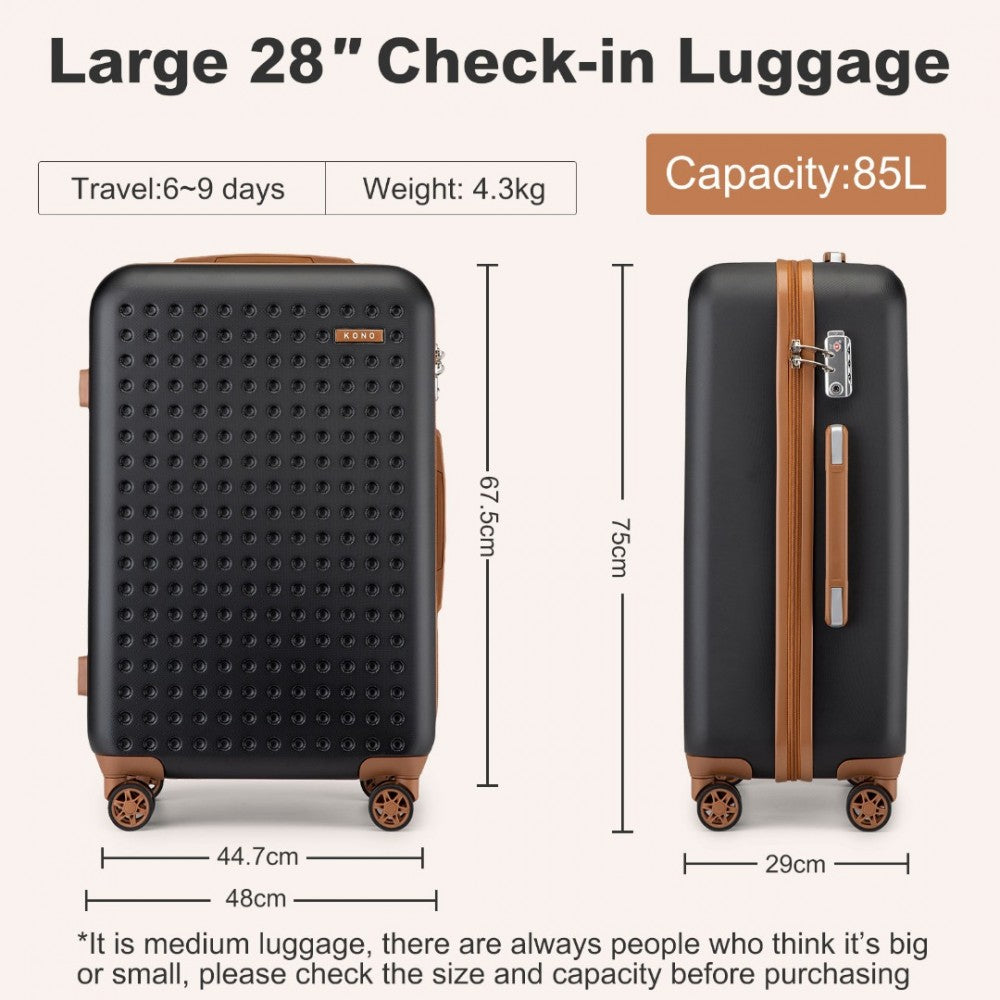 KSK2486 - KONO STYLISH ABS+PC 28 INCH POLKA DOT HARD SHELL SUITCASE WITH TSA LOCK - BLACK AND BROWN