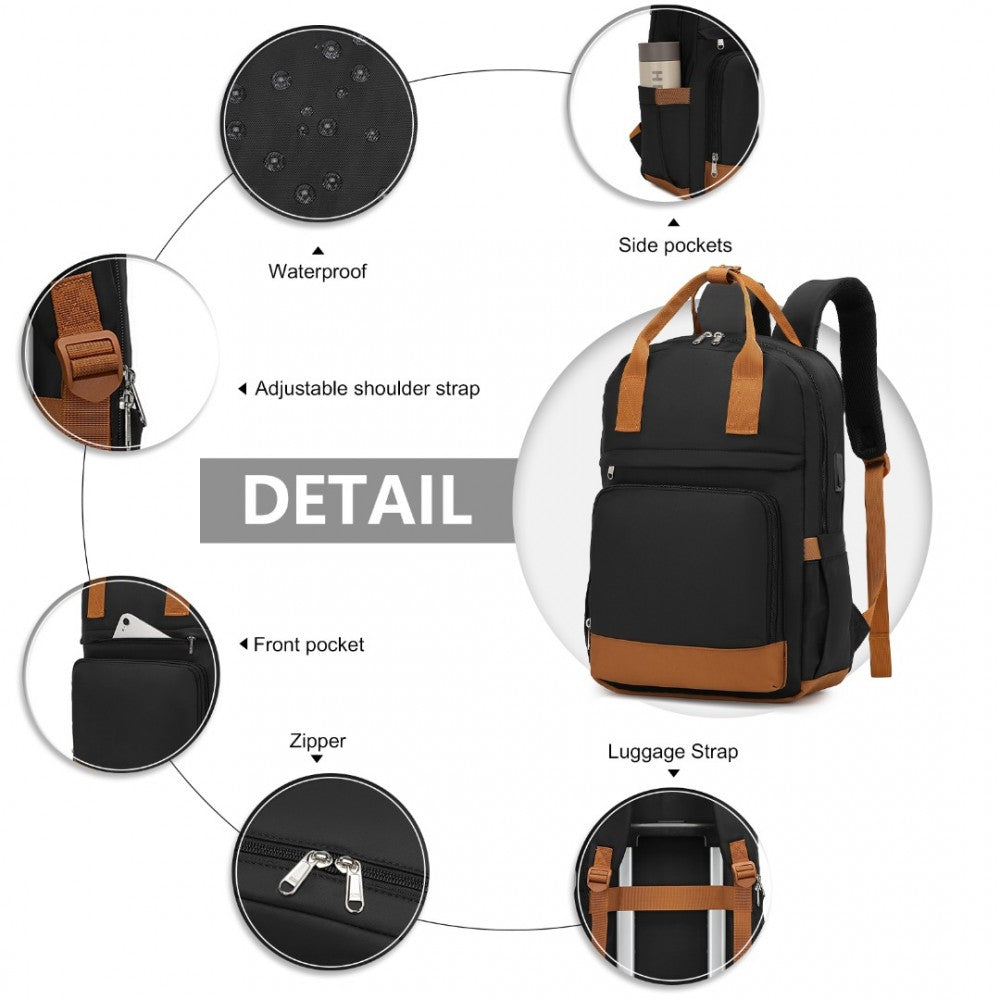 EQ2401 - KONO MULTI-COMPARTMENT LAPTOP BACKPACK WITH TYPE-C USB CHARGING PORT AND SMALL POUCH FOR DAILY COMMUTE AND TRAVEL - BLACK AND BROWN