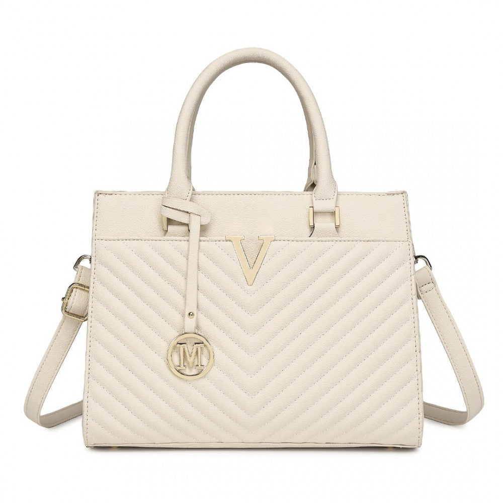 LT2357 - MISS LULU CHIC V-QUILTED PU LEATHER SOPHISTICATED HANDBAG - BEIGE