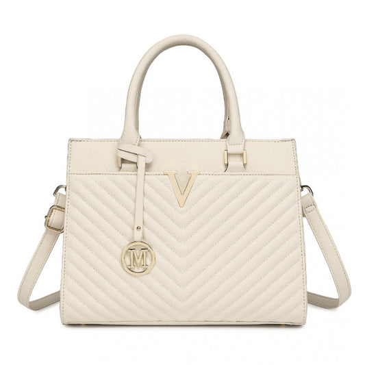 LT2357 - MISS LULU CHIC V-QUILTED PU LEATHER SOPHISTICATED HANDBAG - BEIGE