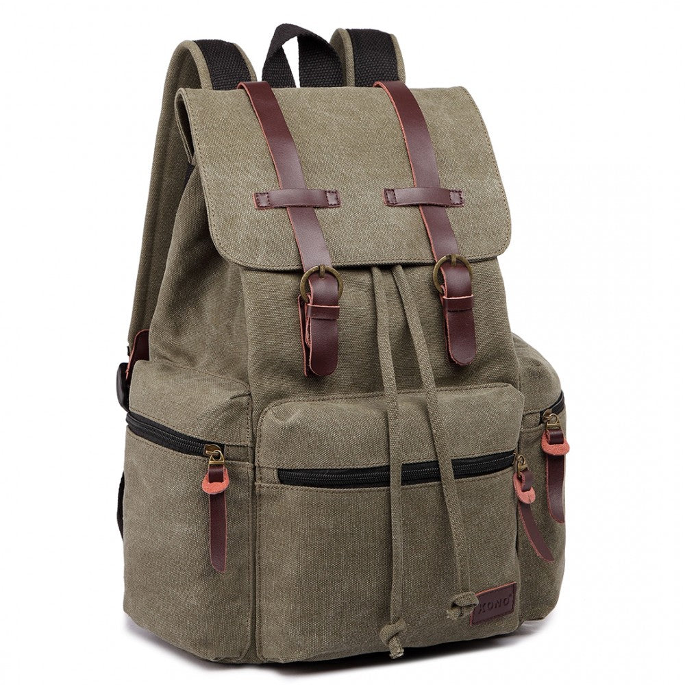 E1672 - KONO LARGE MULTI FUNCTION LEATHER DETAILS CANVAS BACKPACK - GREEN