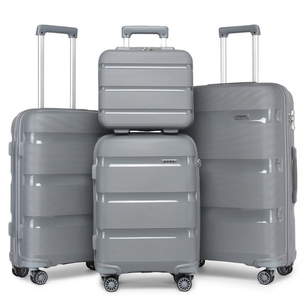 K2092L - KONO BRIGHT HARD SHELL PP SUITCASE WITH TSA LOCK AND VANITY CASE 4 PIECES SET - CLASSIC COLLECTION - GREY