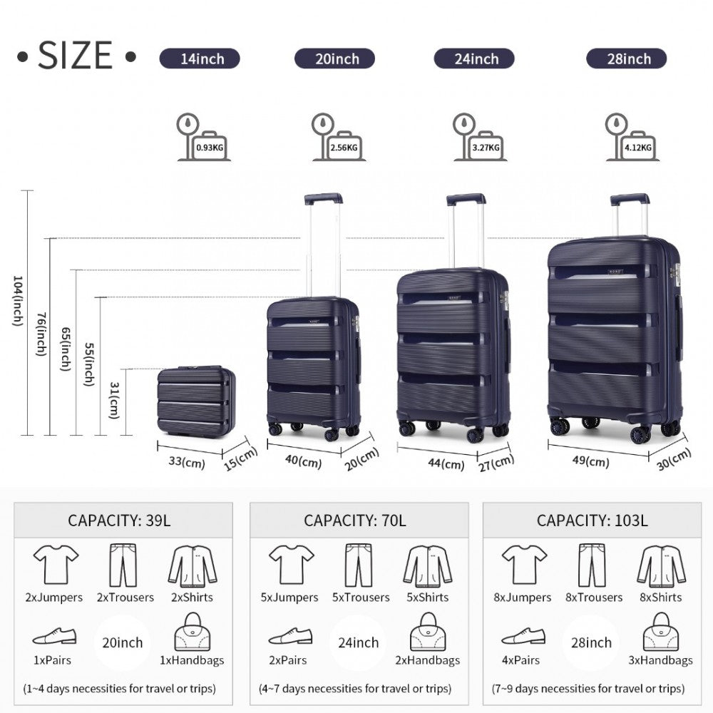 K2092L - KONO BRIGHT HARD SHELL PP SUITCASE WITH TSA LOCK AND VANITY CASE 4 PIECES SET - CLASSIC COLLECTION - NAVY