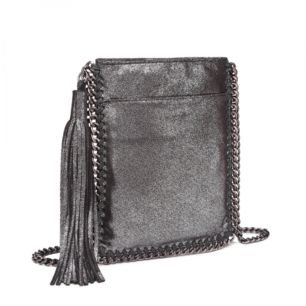 E6845 - MISS LULU LEATHER LOOK CHAIN SHOULDER BAG WITH TASSEL PENDANT - SILVER