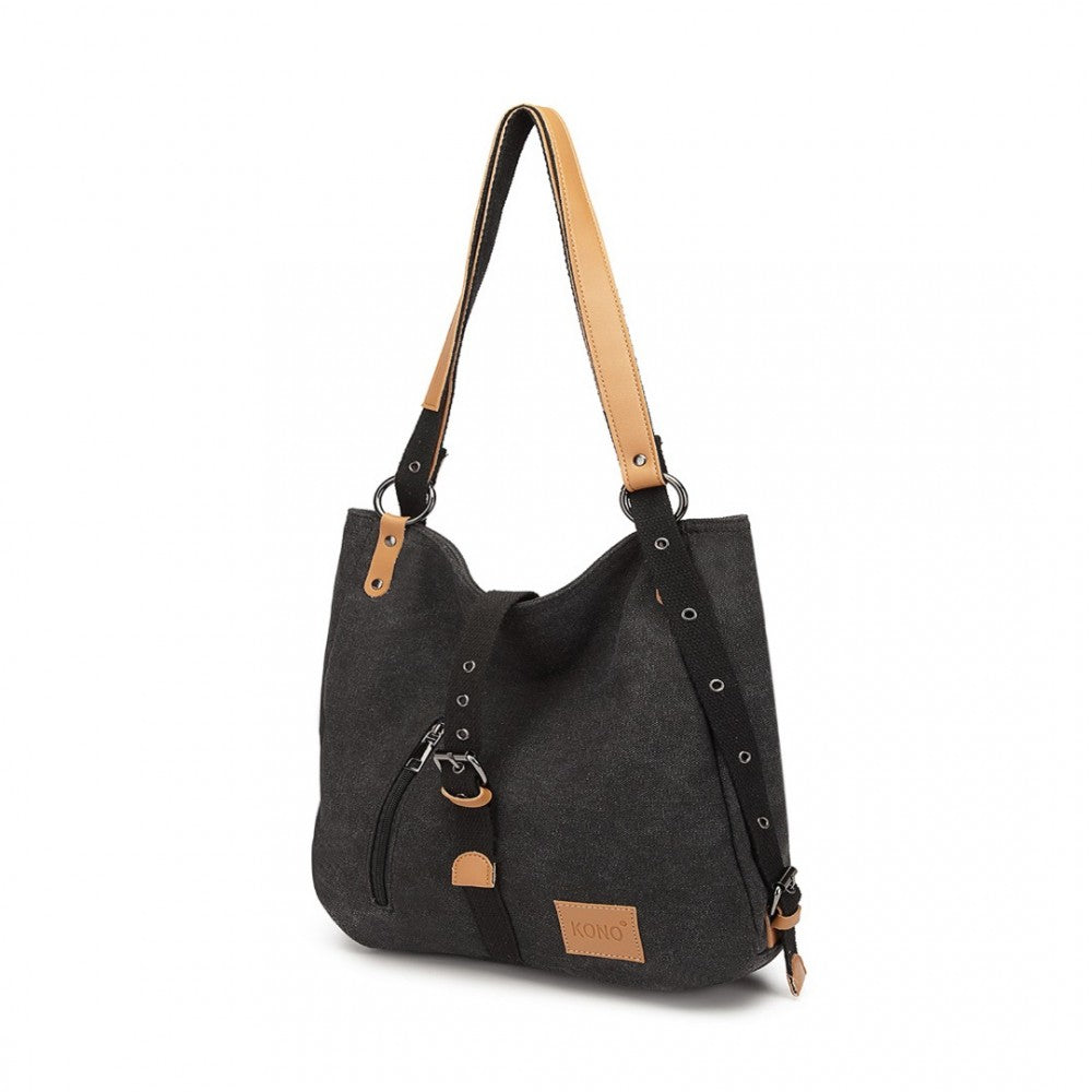 E6850 - KONO CANVAS HOBO SLOUCH SHOULDER BAG AND BACKPACK - BLACK