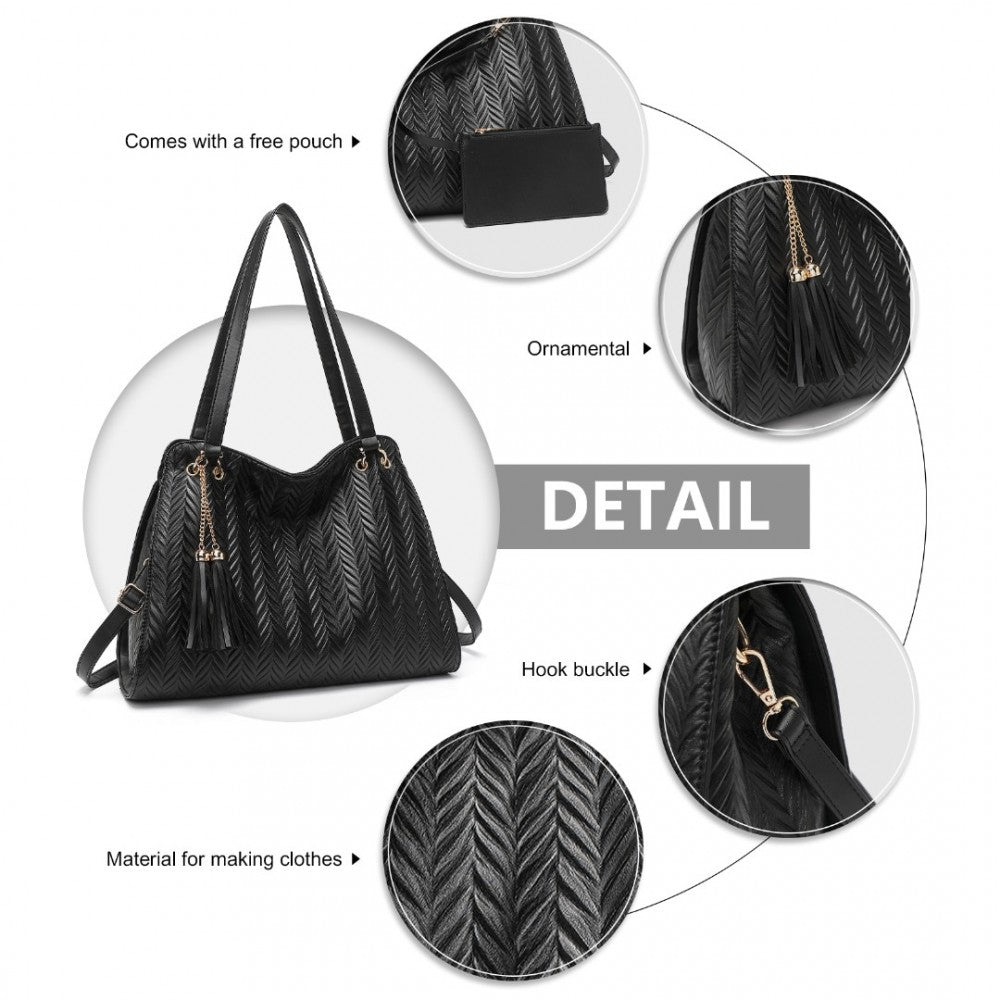 LG2339 - MISS LULU CHIC EMBOSSED TOTE WITH TASSEL DETAIL AND CARD POUCH - BLACK