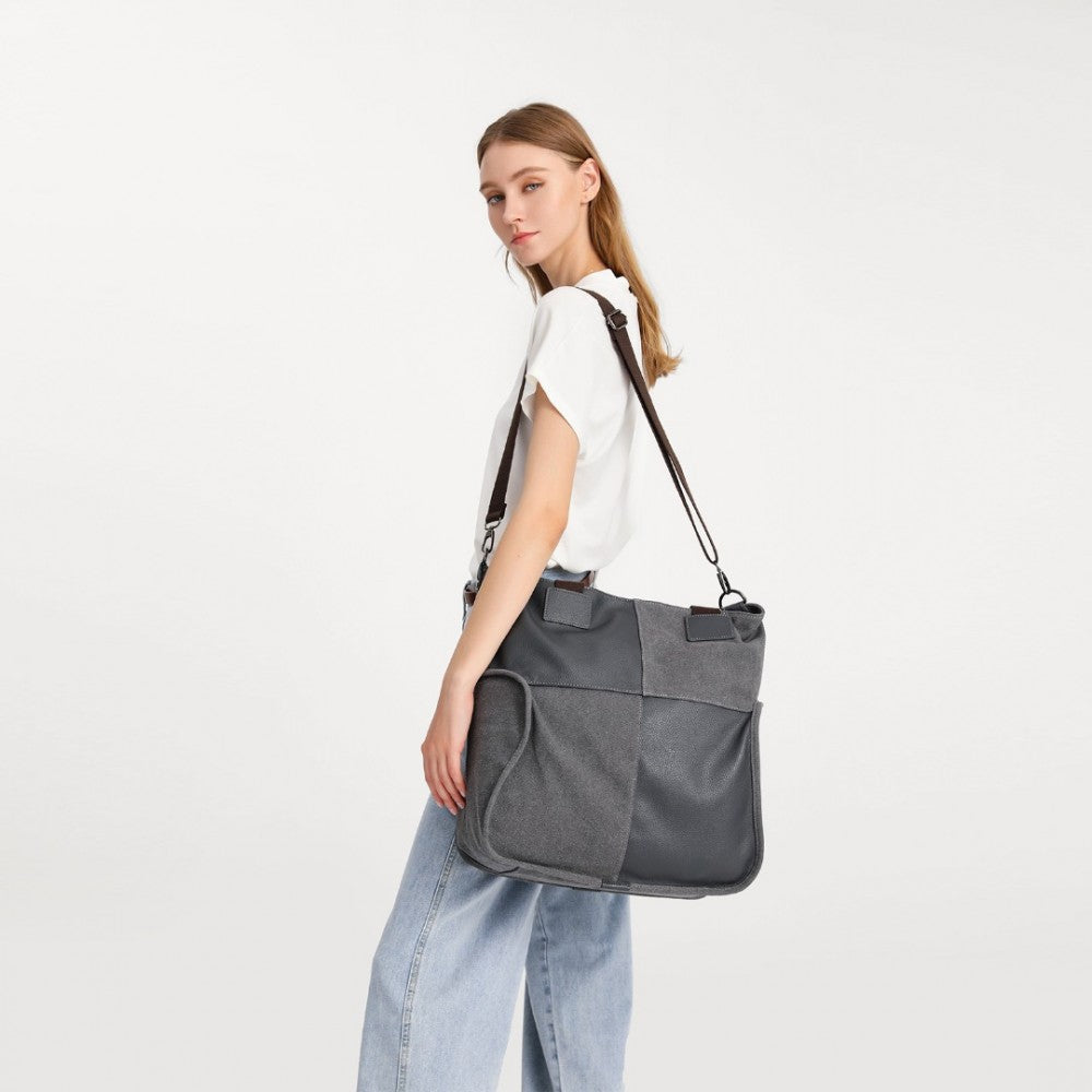 EH2221 - KONO PANELED CONTRAST LARGE CAPACITY CANVAS SHOULDER BAG - GREY