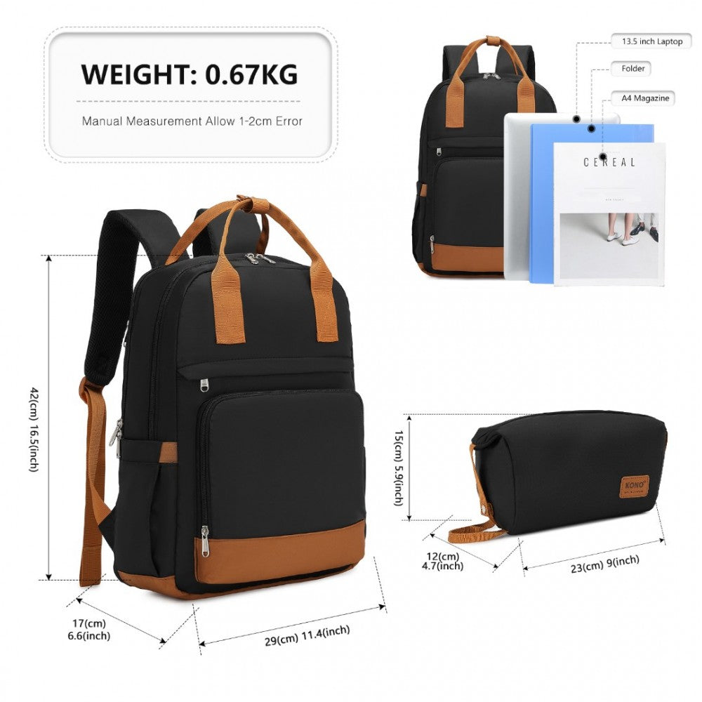 EQ2401 - KONO MULTI-COMPARTMENT LAPTOP BACKPACK WITH TYPE-C USB CHARGING PORT AND SMALL POUCH FOR DAILY COMMUTE AND TRAVEL - BLACK AND BROWN