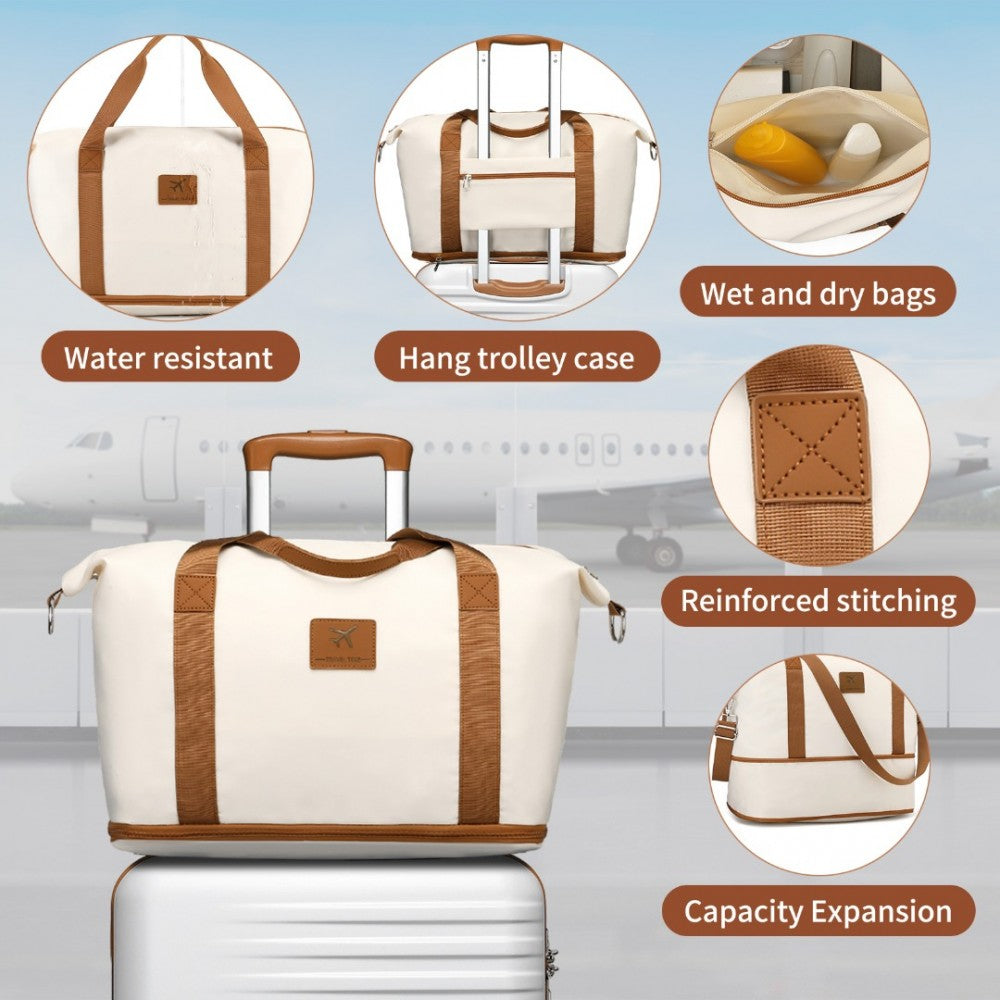 K2391L+S2366 - BRITISH TRAVELLER 5 PIECE POLYPROPYLENE AND ABS HARD SHELL SUITCASE SET WITH TRAVEL TOTE AND COSMETIC POUCH - BEIGE AND BROWN