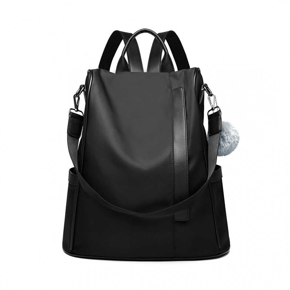 LG6917 - MISS LULU TWO WAY ANTI-THEFT BACKPACK WITH POM POM PENDANT - BLACK