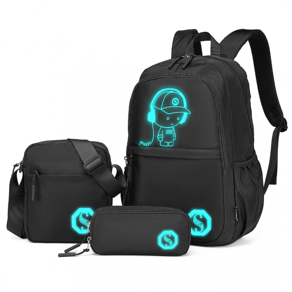 EB2363 - KONO LIGHTWEIGHT & GLOW-IN-THE-DARK 3-PIECE LAPTOP BACKPACK SET WITH CROSSBODY BAG AND PENCIL CASE - BLACK