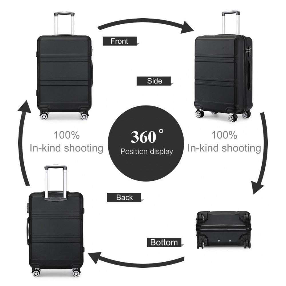 K1871-1L - KONO ABS SCULPTED HORIZONTAL DESIGN 3 PIECE SUITCASE SET - BLACK